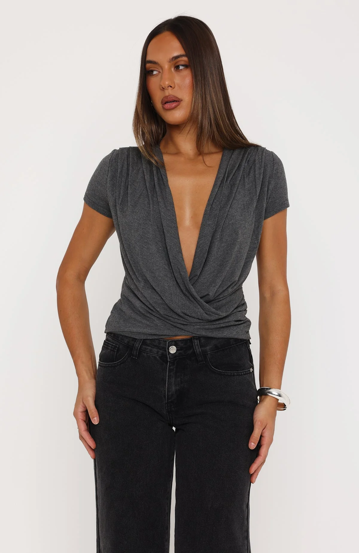 Almost Told You Short Sleeve Cowl Neck Top Charcoal Marle - Image 3