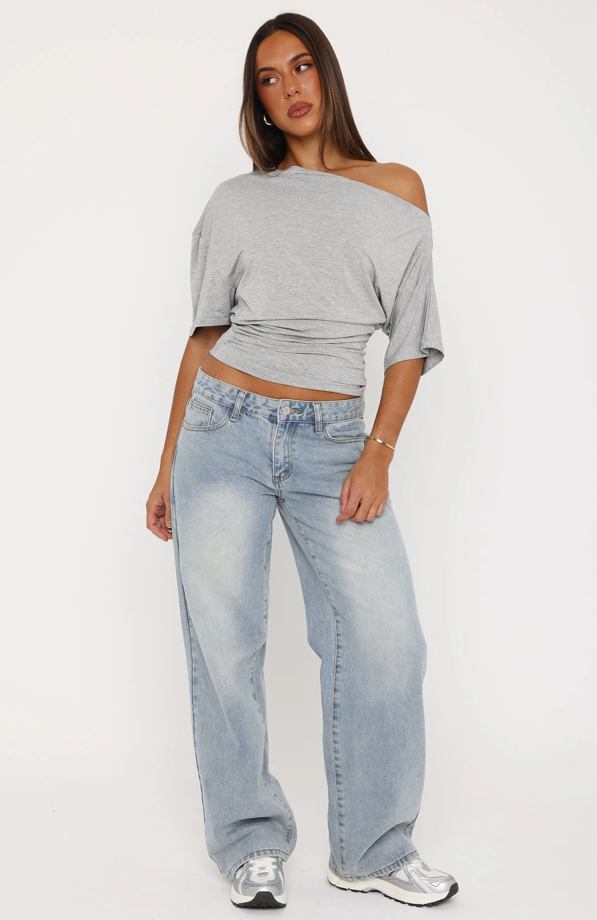 Hype Girl Cinched Waist Off Shoulder Top Grey Marle - Image 5