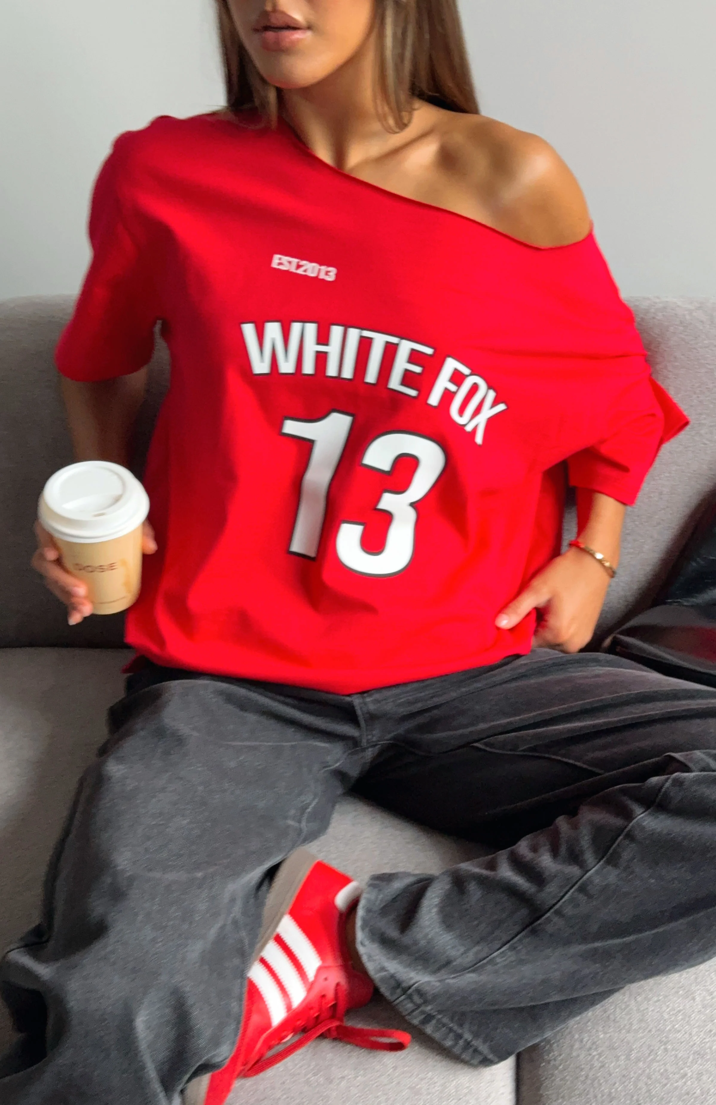 Latest Passion Off Shoulder Oversized Tee Red - Image 6