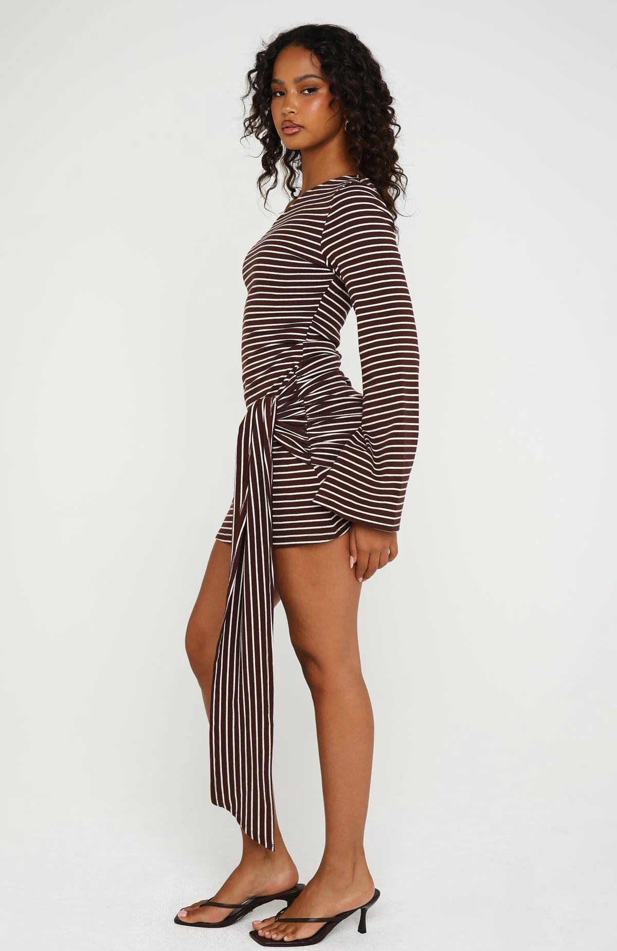 On Her Throne Off Shoulder Long Sleeve Mini Dress Chocolate/Marle Stripe - Image 4