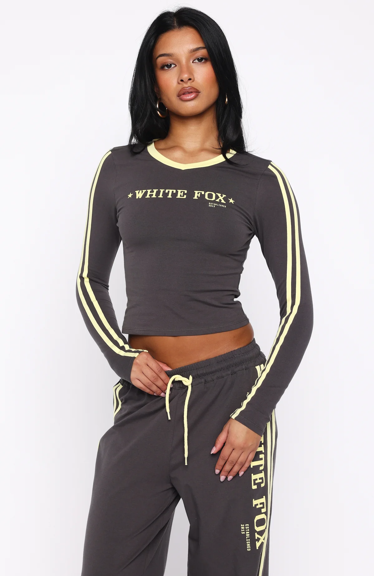 Star Of The Night Long Sleeve V Neck Baby Tee Charcoal - Image 2