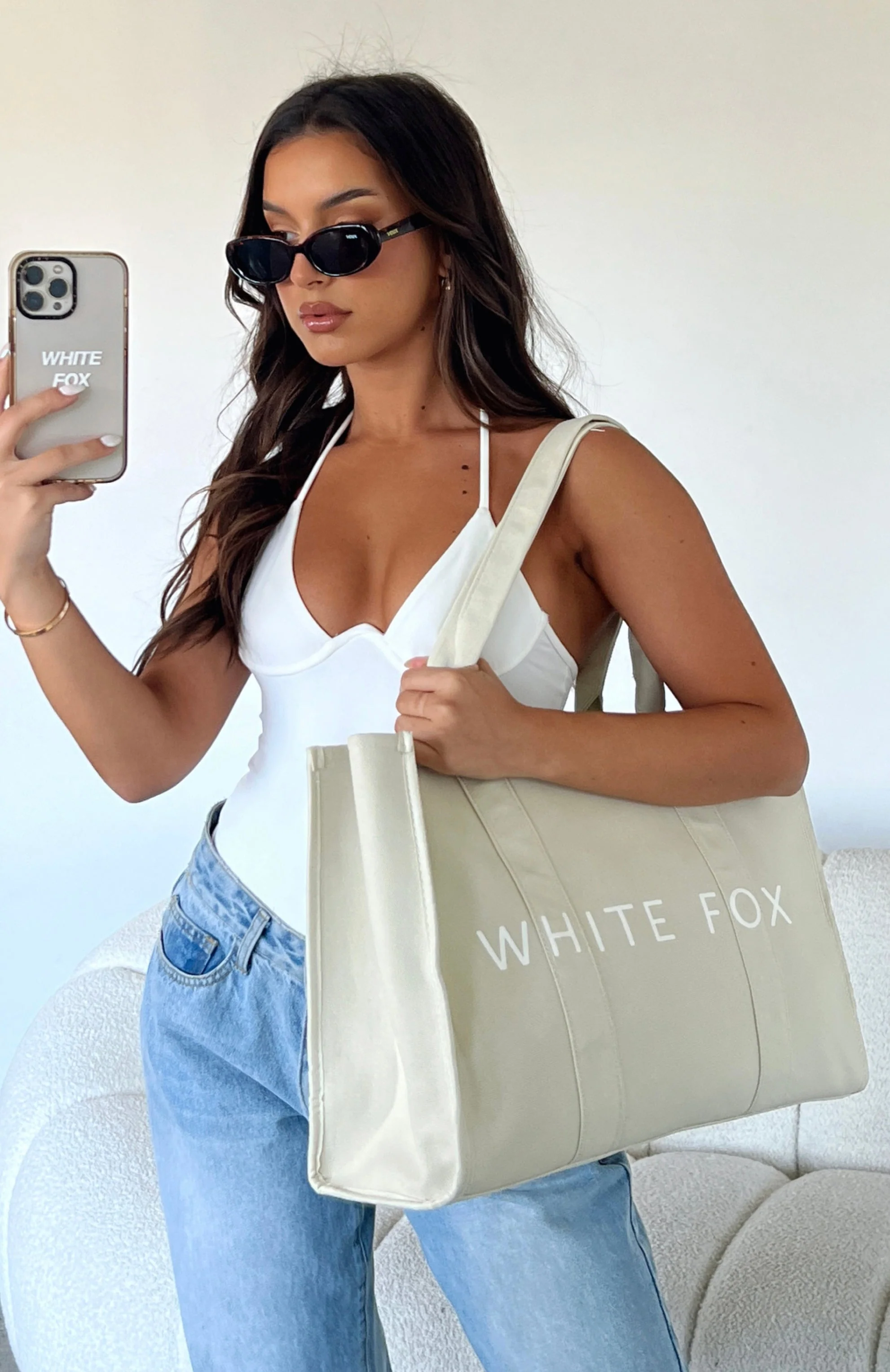 White Fox Tote Bag Beige - Image 5