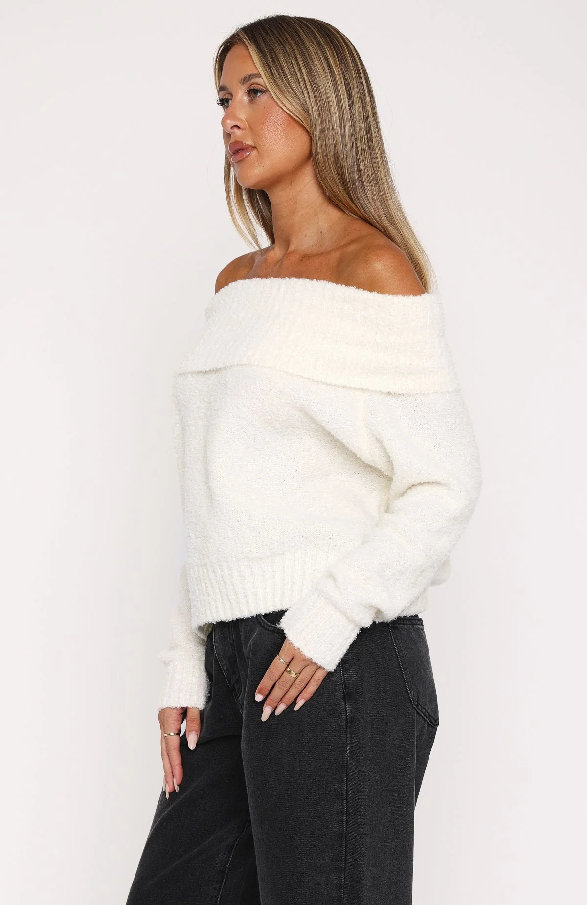 You Don't Need Me Off Shoulder Knit Sweater Off White - Image 3